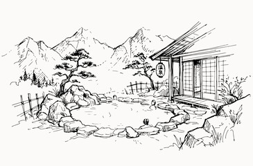 Fototapeta premium Japanese outdoor onsen hot spring in mountain landscape hand-drawn ink illustration