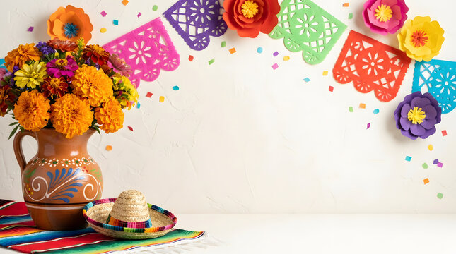 Traditional mexican day of the dead altar arrangement with flowers
