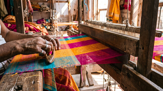 Traditional wooden handloom weaving, artisan hands crafting colorful silk fabric, authentic textile workshop with manual loom machinery
