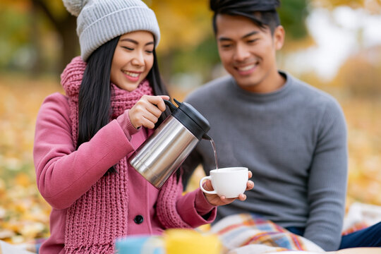 Asian woman in pink coat pours hot beverage from thermos into white cup while sitting on picnic blanket with man in gray sweater during autumn in a park