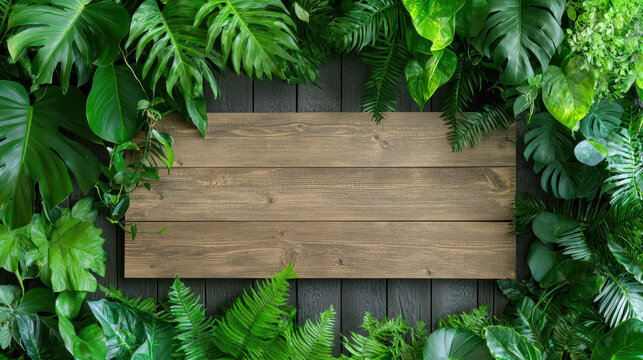 Lush green foliage surrounds wooden plank, creating vibrant and natural frame. This tropical jungle setting evokes sense of tranquility