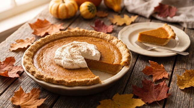 Delicious Pumpkin Pie With Autumn Decorations On Wood Table.