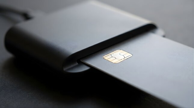 Black credit card inserted into a portable card reader for payment