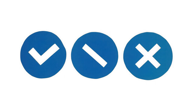 Three blue circular featuring a checkmark, a dash, and a cross symbol isolated on a solid black background, for digital interface usage isolated on a transparent background