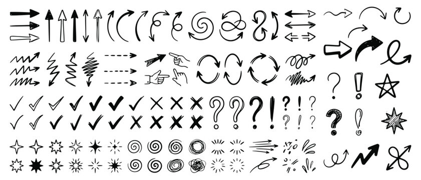 Sketchy arrow set with pen, crayon and chalk effects. Hand drawn style with brush and pencil strokes. Flat vector illustration isolated on white. Distressed rough texture for creative design.