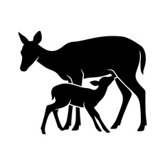 Fototapeta premium Nursing deer silhouette illustration, Deer nursing fawn silhouette