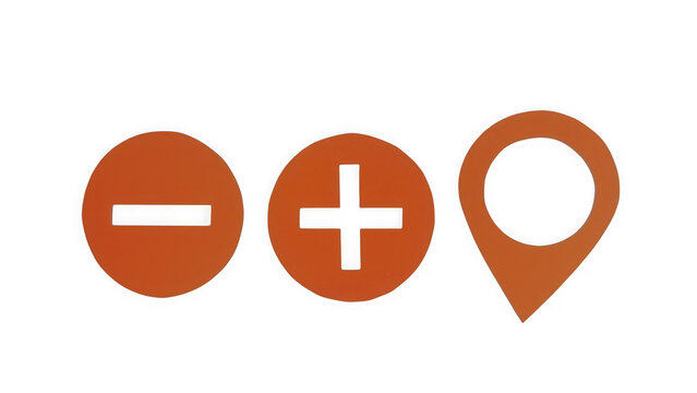 Orange circular featuring a minus sign, a plus symbol, and a map location pin isolated against a solid black background, for digital interface isolated on a transparent background