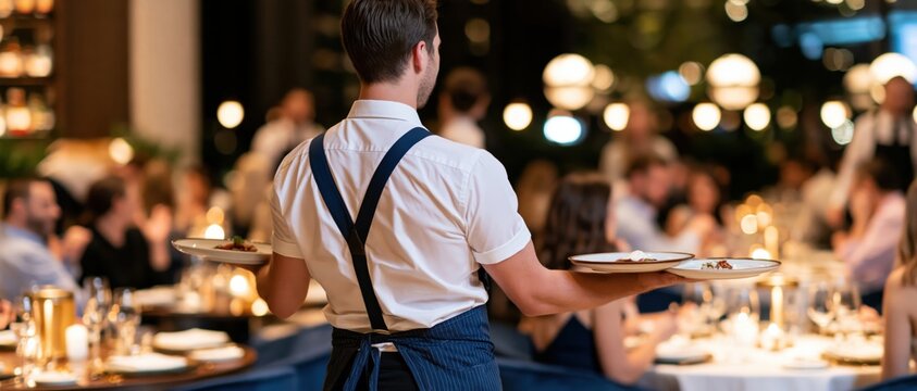 Waiter carrying two plates through upscale restaurant during service moment