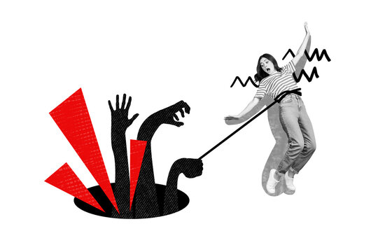 Composite photo collage of scared panic girl catch bullying trap string pressure abuse hater stereotype isolated on painted background