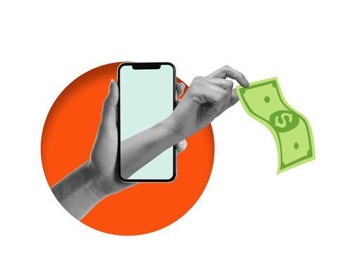 A hand reaches out from a smartphone screen to grab a dollar bill. The scene shows the concept of digital transactions or mobile payments. The background is transparent.