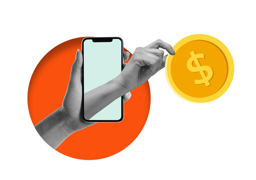 A hand reaches out from a smartphone to grab a dollar coin. The scene shows an interaction related to mobile finance. This may suggest a transaction or payment.