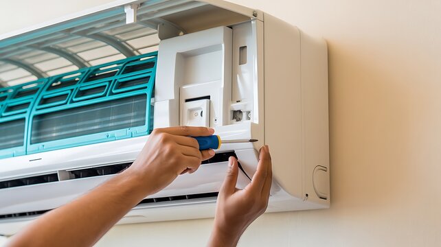 Close-up of a skilled technician's hands diligently servicing an indoor air conditioning unit with a screwdriver, performing routine maintenance and repair