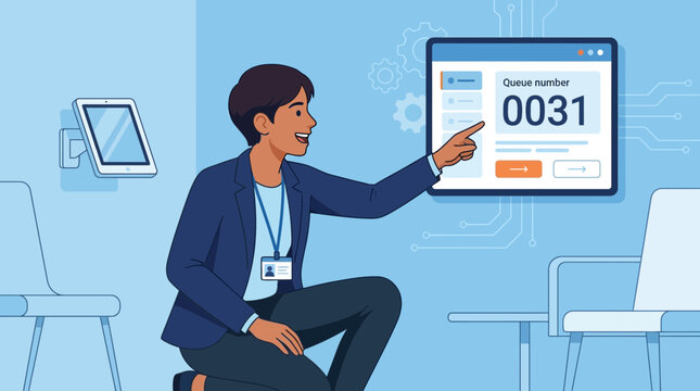 Woman points to digital queue number display, customer service illustration