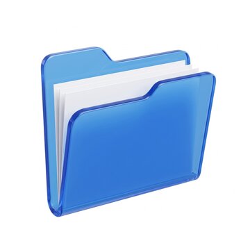 Glossy 3d blue plastic document folder filled with white paper sheets standing up render