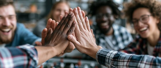 Obraz premium A diverse group of smiling colleagues stack their hands together in a team huddle with a blurred office background.