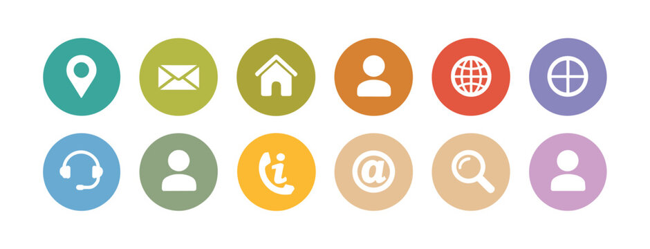Set of Contact Icons: A collection of clean, modern circular icons representing various contact methods and information, including location, email, home, people, globe, phone, and search.