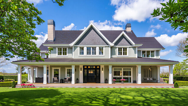 Spacious modern farmhouse with large porch and green lawn real estate wrap around porch farmhouse