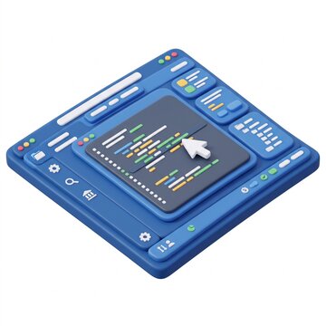 3D digital software interface platform showcasing code editing and tools on white