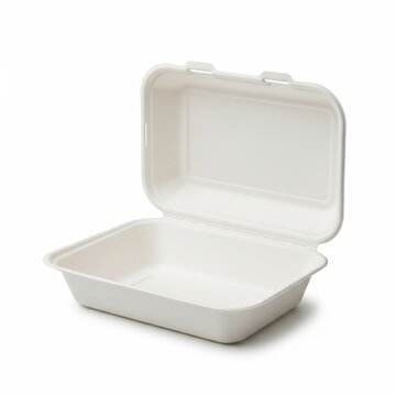 Empty white plastic food storage container with lid