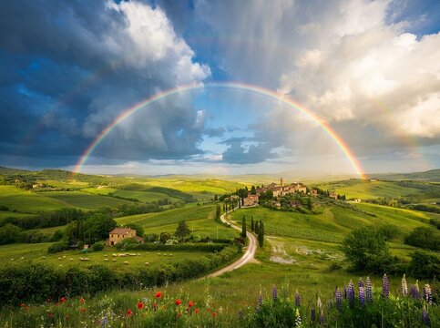 Vibrant Rainbow Arching Over Tuscan Village Rolling Hills Landscape.