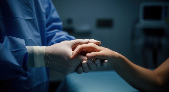 Surgeon's reassuring touch on patient's hand, symbolizing care and hope in a sterile operating room environment.