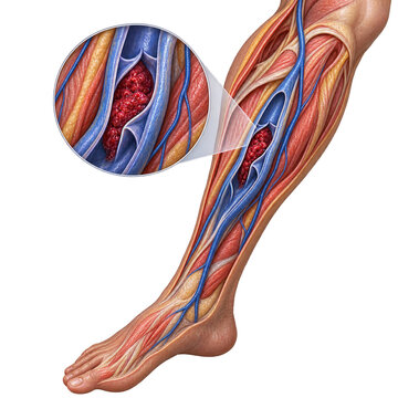 3D Medical Illustration of Deep Vein Thrombosis DVT Showing Blood Clot in Lower Leg Vein and Venous Valves