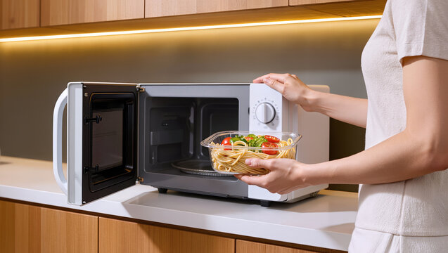 Woman placing a glass dish of spaghetti and vegetables into an open microwave in a modern kitchen, a home cooking scene focused on reheating prepared food and everyday meal preparation