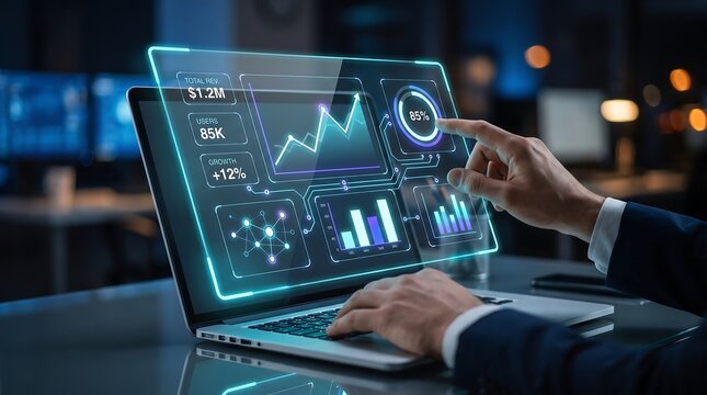 Professional executive analyzing real time business growth and revenue dashboard on transparent holographic screen in dark modern office environment for data driven decisions