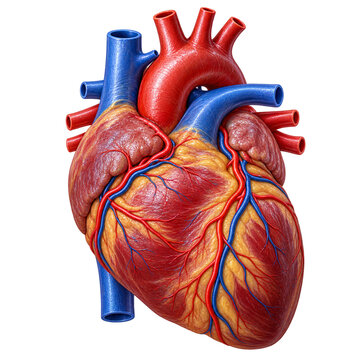 Detailed 3D Medical Illustration of Human Heart Anatomy Featuring Aorta and Coronary Arteries on White Background