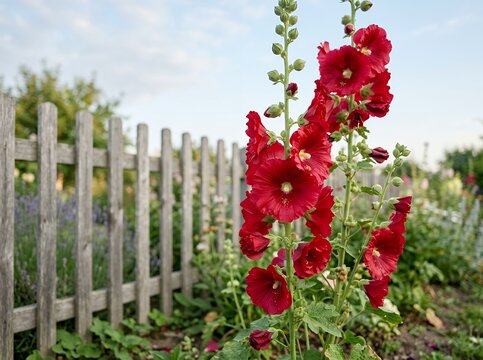 Vibrant red hollyhock flowers bloom beside a rustic wooden fence in a garden setting.