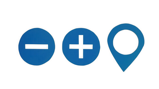 Minimalist blue featuring a subtraction sign, an addition symbol, and a map location pin isolated against a solid deep black background surface isolated on a transparent background