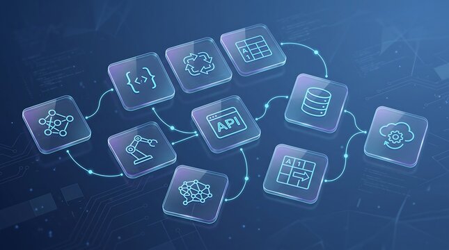 Digital technology workflow automation diagram with glowing blue icons representing data integration and software development processes for modern business infrastructure and cloud computing systems