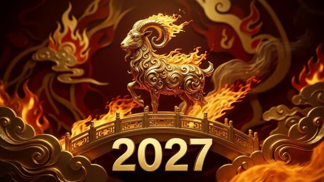 Eastern calendar prophecy: Chinese zodiac, 2027 year, fire goat, sheep animal, golden sculpture, bridge design, lunar holiday, destiny symbol, traditional culture, asian horoscope, fortune cycle.