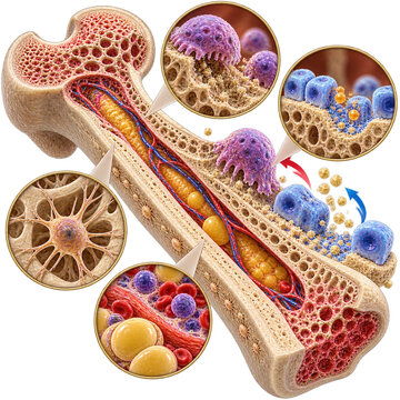 Detailed Human Bone Anatomy Cross-Section Showing Bone Remodeling Process, Marrow, Osteoblasts, and Osteoclasts