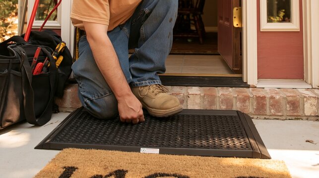 Worker Checking Portable Threshold Ramp Installation at Front Doorway