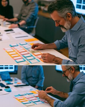 Businessman sorting feedback cards in team meeting before staffing discussion