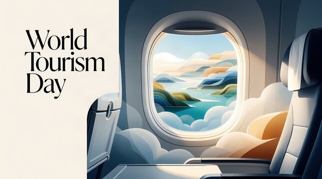 World Tourism Day Illustration from an Airplane Window with Scenic View