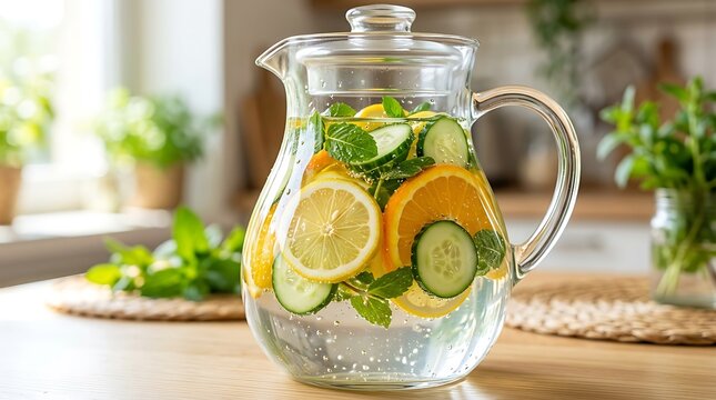 Clear glass pitcher filled with fresh infused detox water, vibrant lemon slices, crisp cucumber rounds, and fragrant green mint leaves on a wooden.