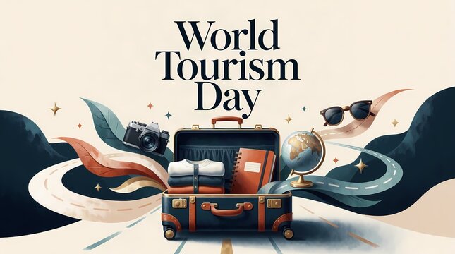 World Tourism Day Illustration with Luxury Suitcase and Travel Symbols