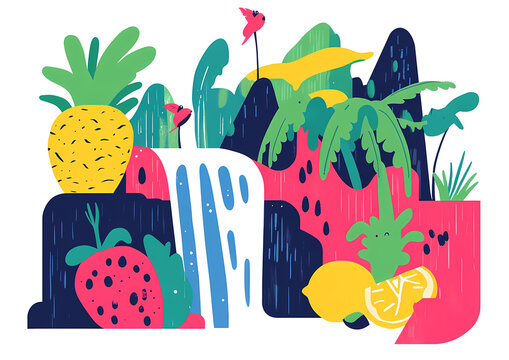 Tropical Waterfall Paradise with Fruits