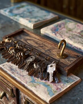 Campground Cabin Key Fob Rack with Folded Trail Maps on Wood Counter