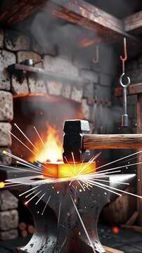 Heavy iron hammer striking glowing orange yellow steel billet on massive anvil in classic blacksmith forge with brilliant sparks in hyperdetailed photorealistic 3D CGI animation ideal for industrial 