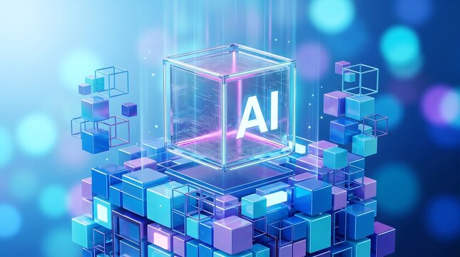 Futuristic artificial intelligence concept featuring a glowing cube with text floating above abstract geometric blocks representing advanced data processing and digital transformation technology