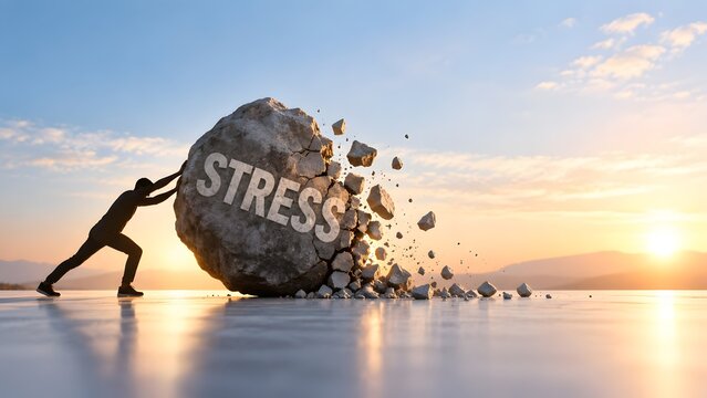 Stress management crisis overcoming concept man pushing breaking heavy stone boulder with stress text