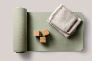Obraz premium Green yoga mat with folded towel and wooden blocks.