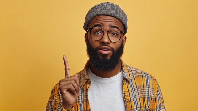 Young African American man pointing up with an idea expression