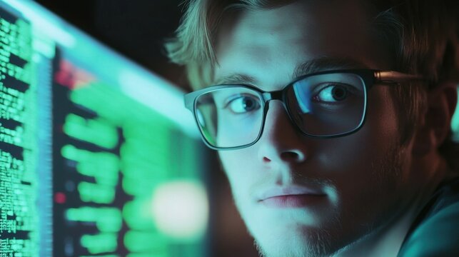 Young Programmer Working on Computer Code at Night