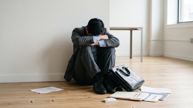 Depressed businessman sitting on floor in empty office with head down, surrounded by scattered papers and briefcase, conveying stress, failure, bankruptcy, or job loss concept.