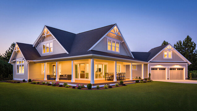 Suburban house with wide wrap around porch at twilight exterior architecture property