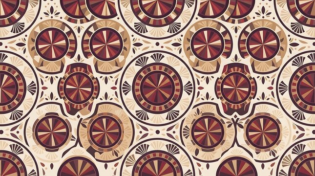 Intricate geometric pattern of red and beige stone ceiling in historic architecture